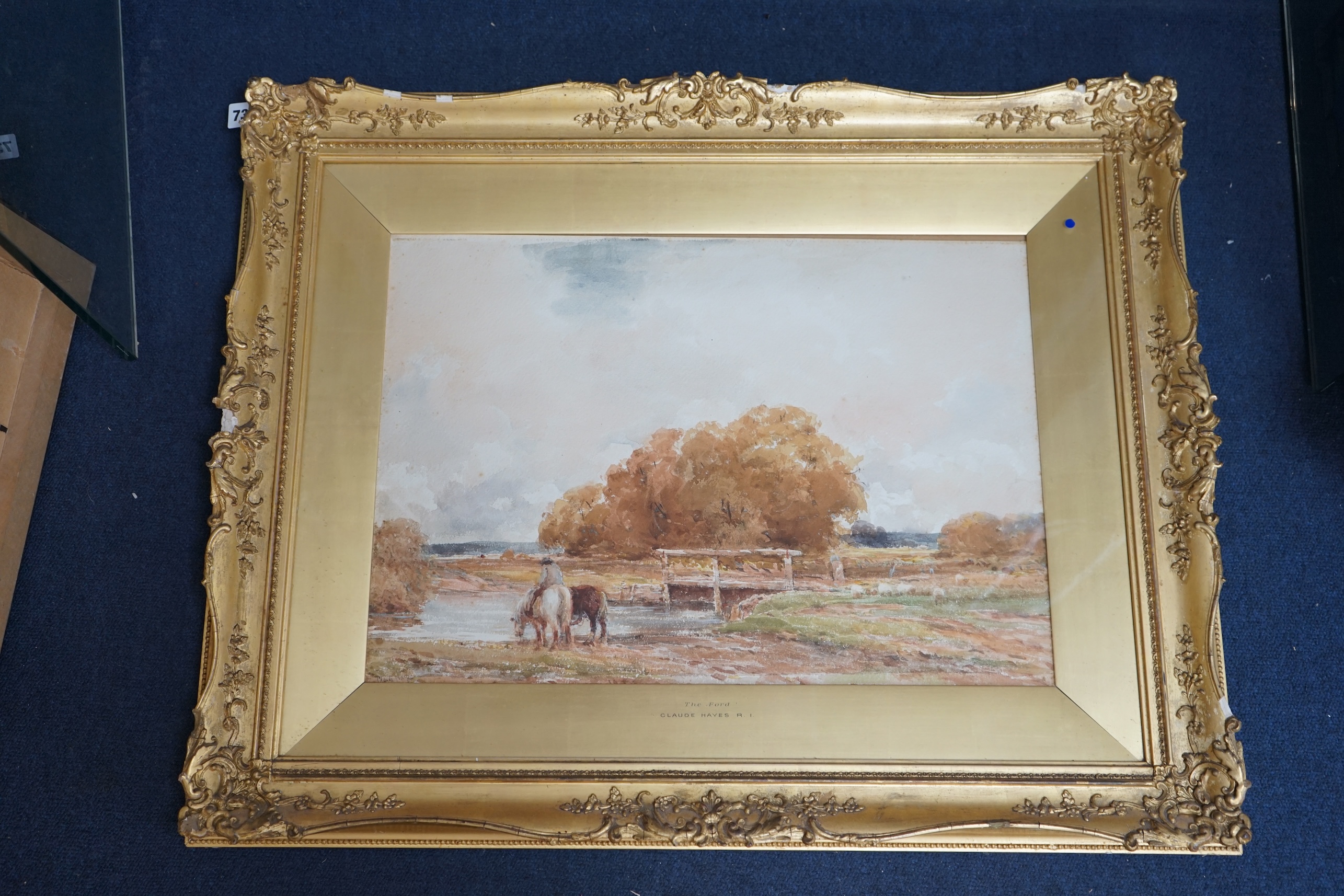 Claude Hayes (1852-1922), watercolour, ‘The Ford’, signed, 26 x 52cm, ornate gilt framed. Condition - fair